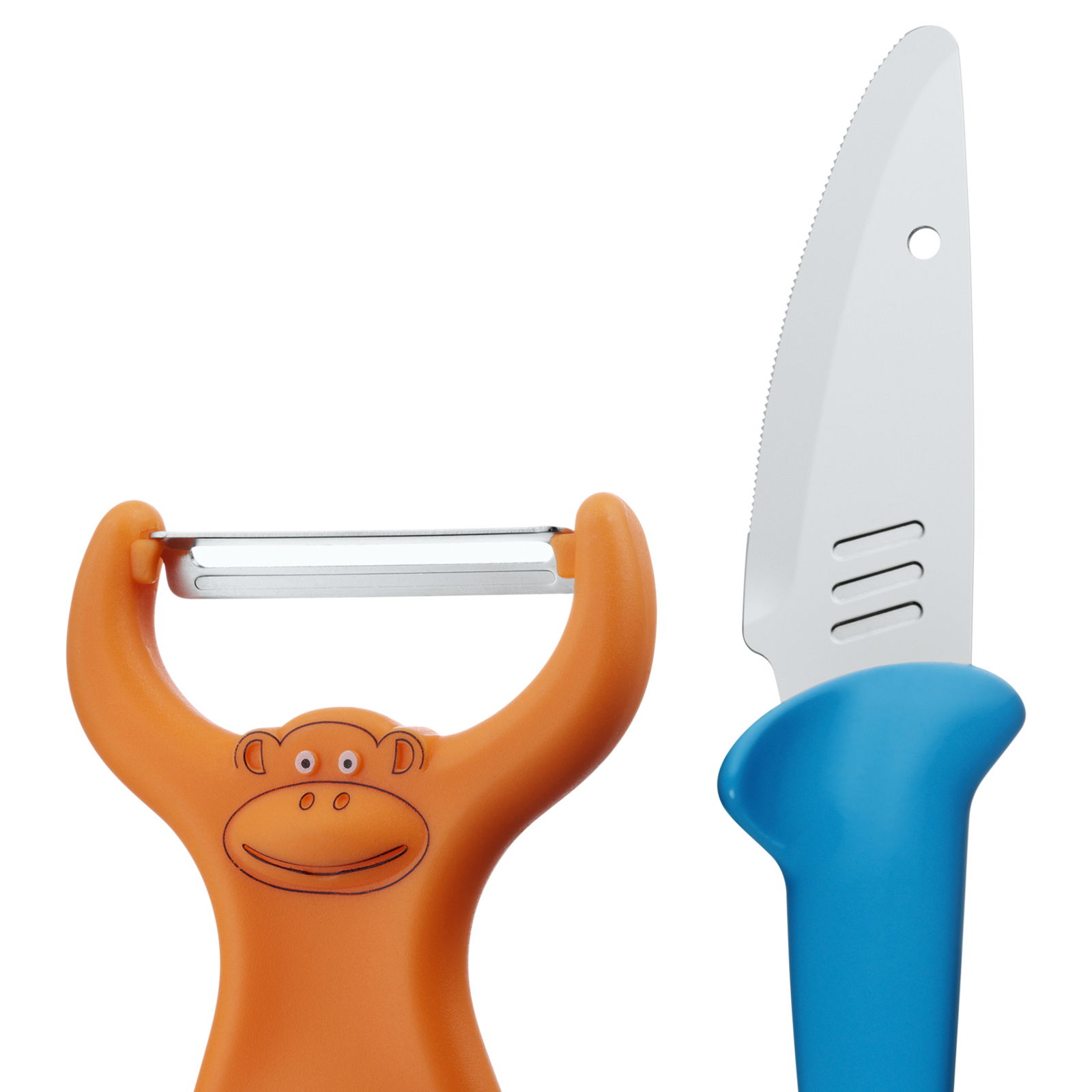 Koch-Set bestehend aus einem orangefarbenen Schäler mit Affenmotiv und einem blauen Messer, Vorderansicht.