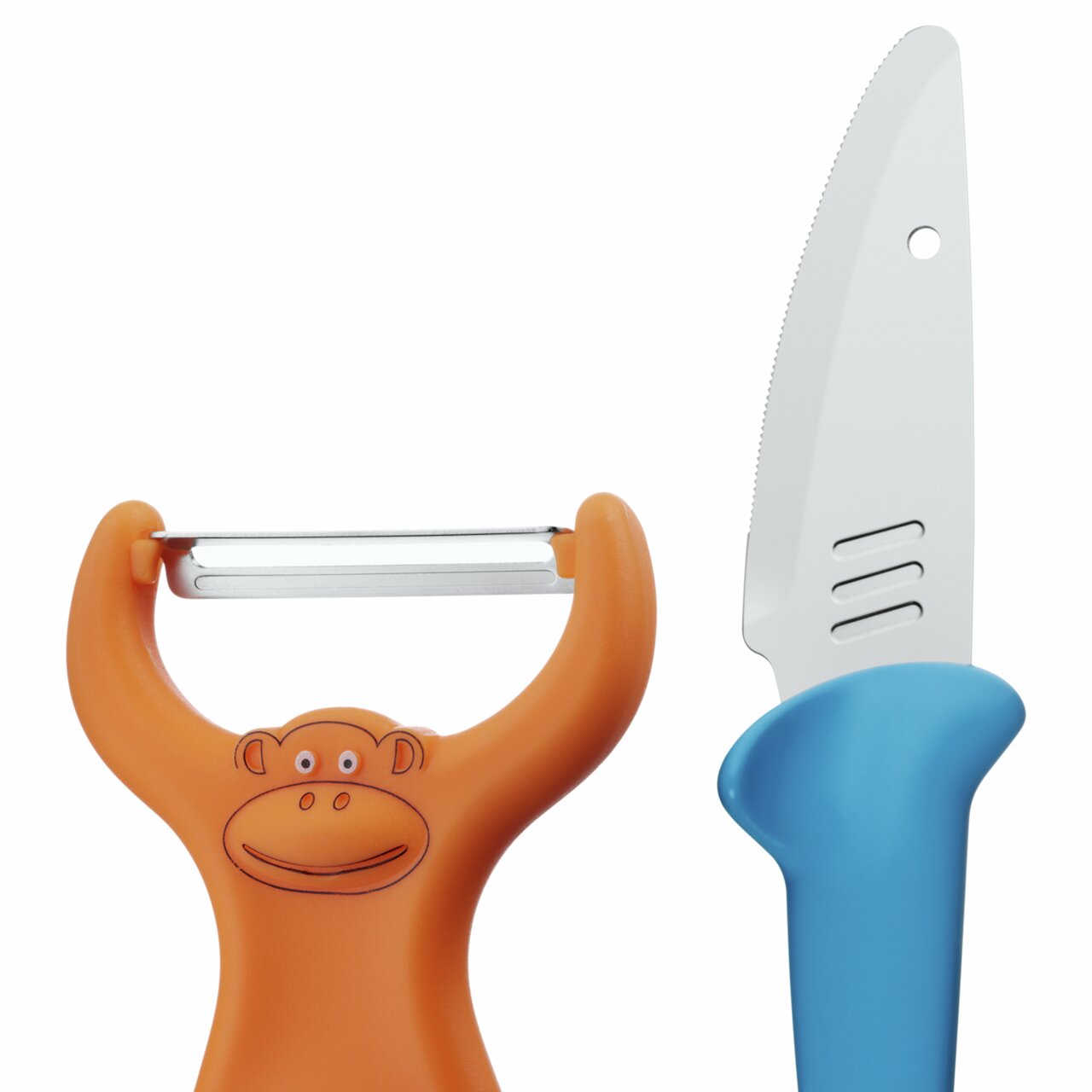 Kookset bestaande uit een oranje dunschiller met apenmotief en een blauw mes, vooraanzicht.