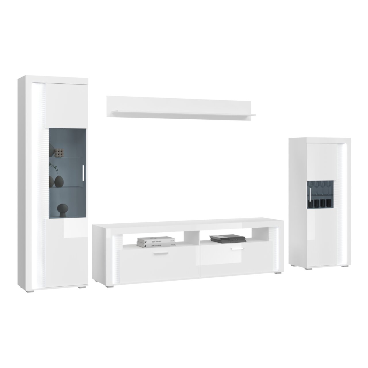 Moderne weiße Wohnkombination mit Vitrine, TV-Board und Wandregal, frontal betrachtet