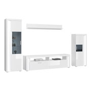 Moderne weiße Wohnkombination mit Vitrine, TV-Board und Wandregal, frontal betrachtet
