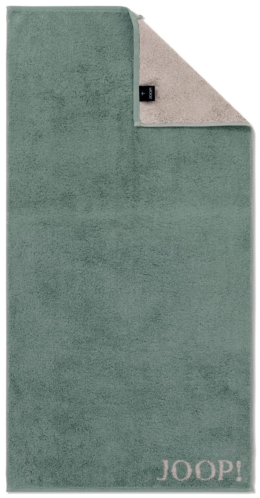 Grünes Duschtuch mit beiger Rückseite und JOOP!-Logo in der unteren rechten Ecke, aus der Vogelperspektive fotografiert.