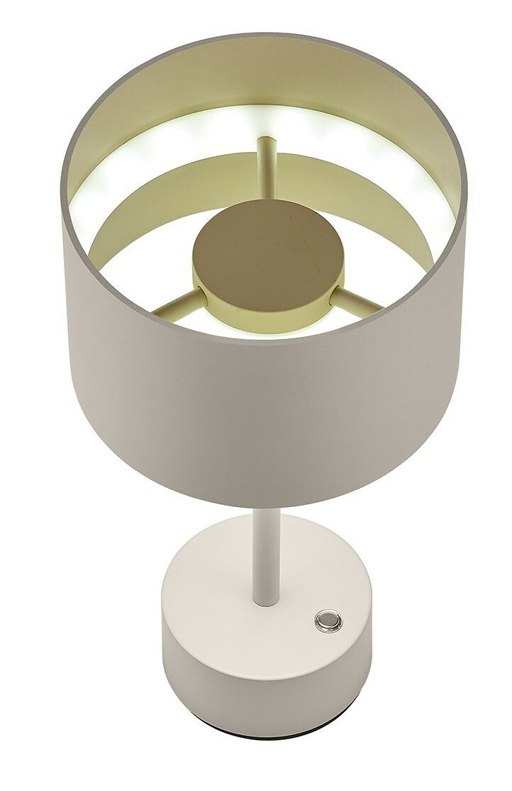 Moderne Akku-Tischleuchte in zylindrischer Form, von oben betrachtet, mit einem schlichten, eleganten Design.