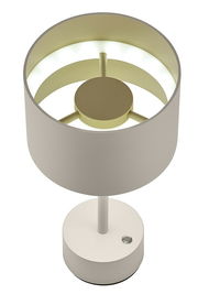 Moderne Akku-Tischleuchte in zylindrischer Form, von oben betrachtet, mit einem schlichten, eleganten Design.