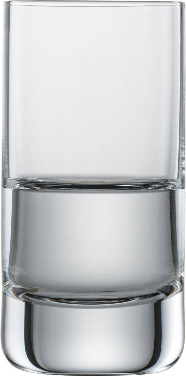 Ein einfaches, klares Schnapsglas in zylindrischer Form, frontal fotografiert.