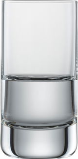 Ein einfaches, klares Schnapsglas in zylindrischer Form, frontal fotografiert.
