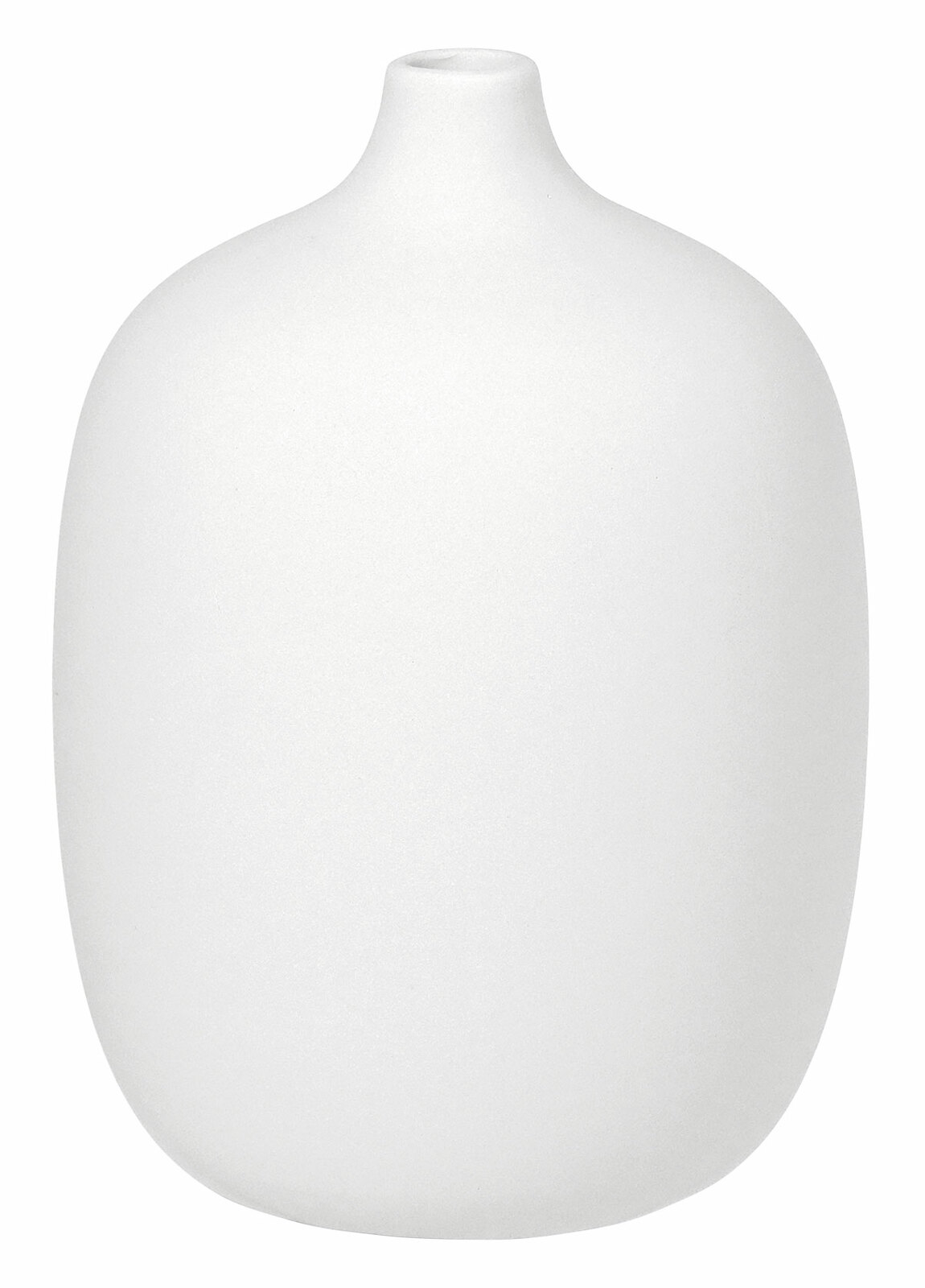 Weiße, runde Vase CEOLA in Frontalansicht mit schmalem Hals.
