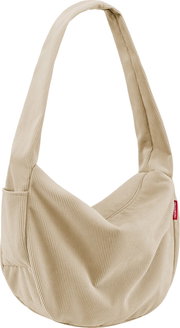 Beige Cord-Umhängetasche mit breitem Schulterriemen und seitlichem rotem reisenthel-Label, freigestellt auf weißem Hintergrund, Frontansicht leicht seitlich