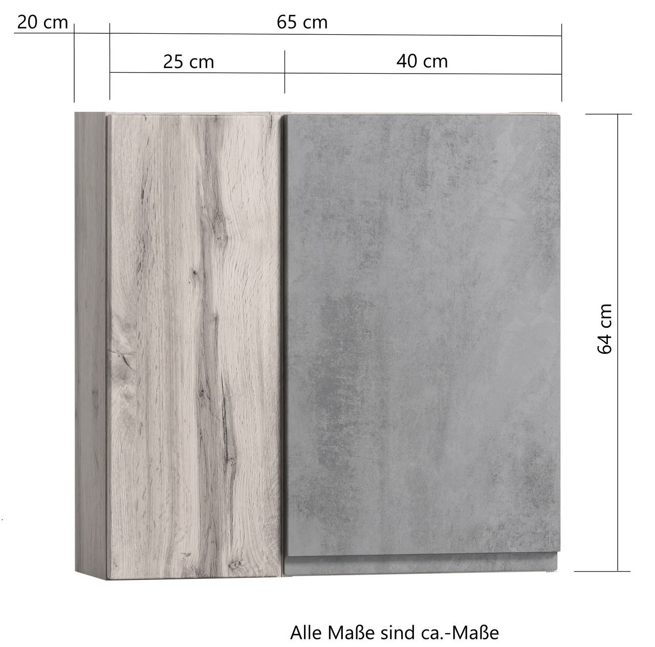 Hängeschrank 65 cm in Frontansicht mit zwei Türen, eine in Holzoptik und eine in Betonoptik, Maße 65x64x20 cm