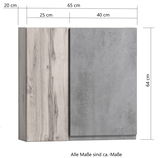 Hängeschrank 65 cm in Frontansicht mit zwei Türen, eine in Holzoptik und eine in Betonoptik, Maße 65x64x20 cm