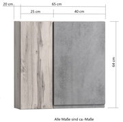 Hängeschrank 65 cm in Frontansicht mit zwei Türen, eine in Holzoptik und eine in Betonoptik, Maße 65x64x20 cm