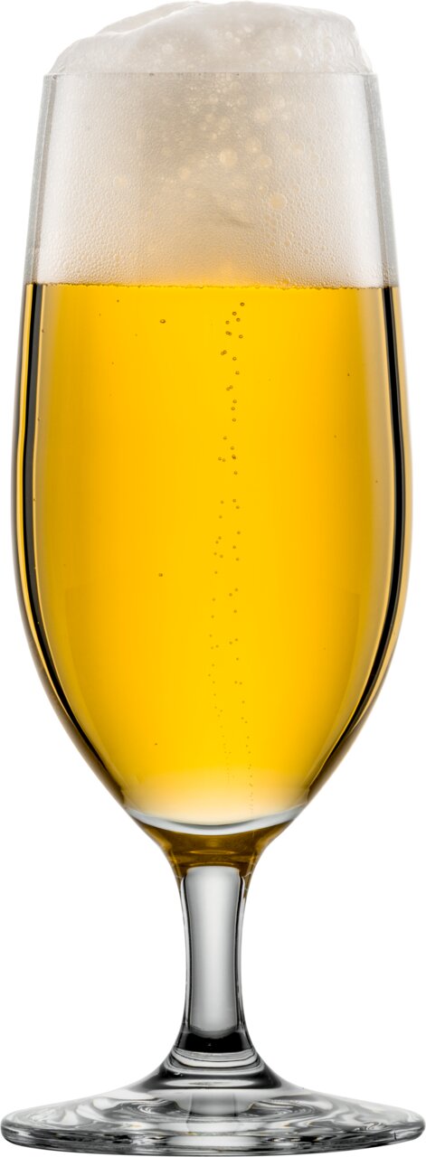 Biertulp met schuimkraag, gevuld met goudkleurig bier, zijaanzicht