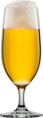Biertulp met schuimkraag, gevuld met goudkleurig bier, zijaanzicht