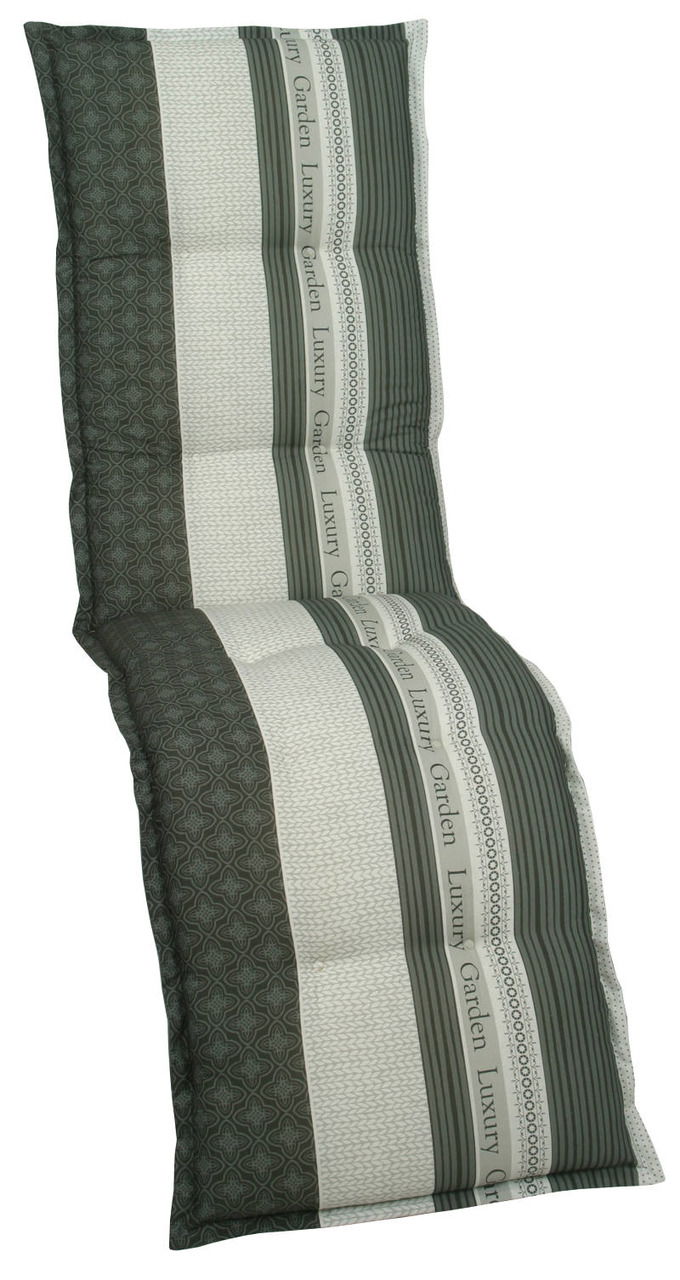 Grüne Relaxauflage mit Streifenmuster und der Aufschrift 'Luxury Garden', aus der Vogelperspektive fotografiert.