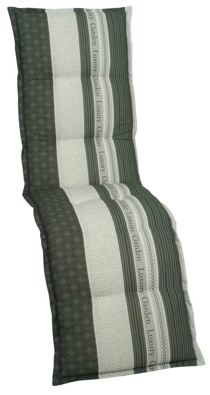 Grüne Relaxauflage mit Streifenmuster und der Aufschrift 'Luxury Garden', aus der Vogelperspektive fotografiert.