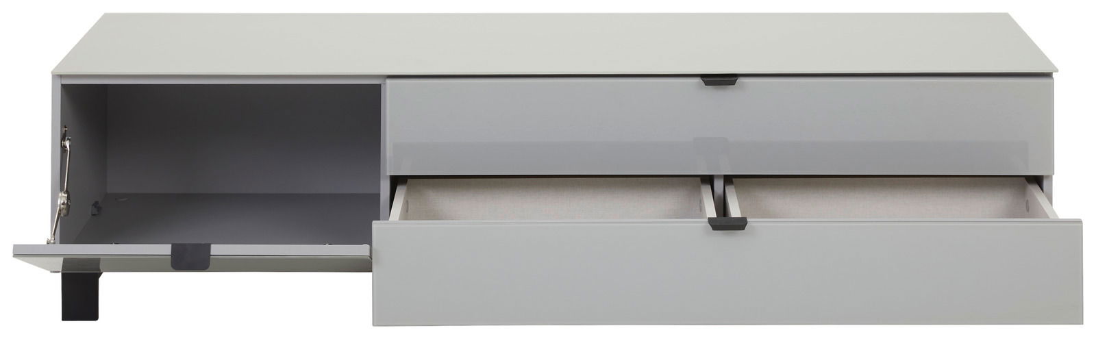TV-Lowboard in grauer Farbe mit zwei offenen Schubladen und einem offenen Fach, frontale Ansicht.