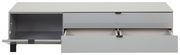 TV-Lowboard in grauer Farbe mit zwei offenen Schubladen und einem offenen Fach, frontale Ansicht.