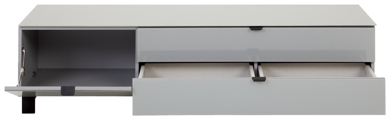 TV-Lowboard in grauer Farbe mit zwei offenen Schubladen und einem offenen Fach, frontale Ansicht.