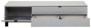 TV-Lowboard in grauer Farbe mit zwei offenen Schubladen und einem offenen Fach, frontale Ansicht.