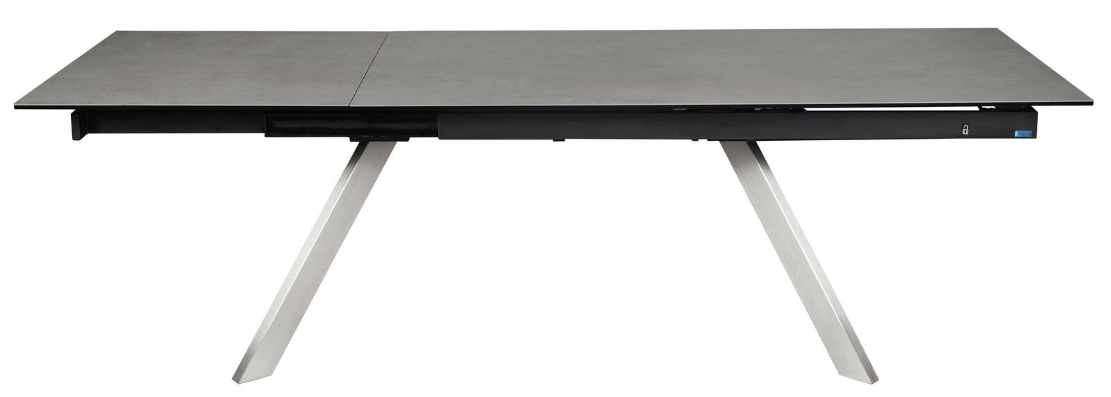 Moderner Esstisch mit grauer Tischplatte und schrägen Metallbeinen, Seitenansicht