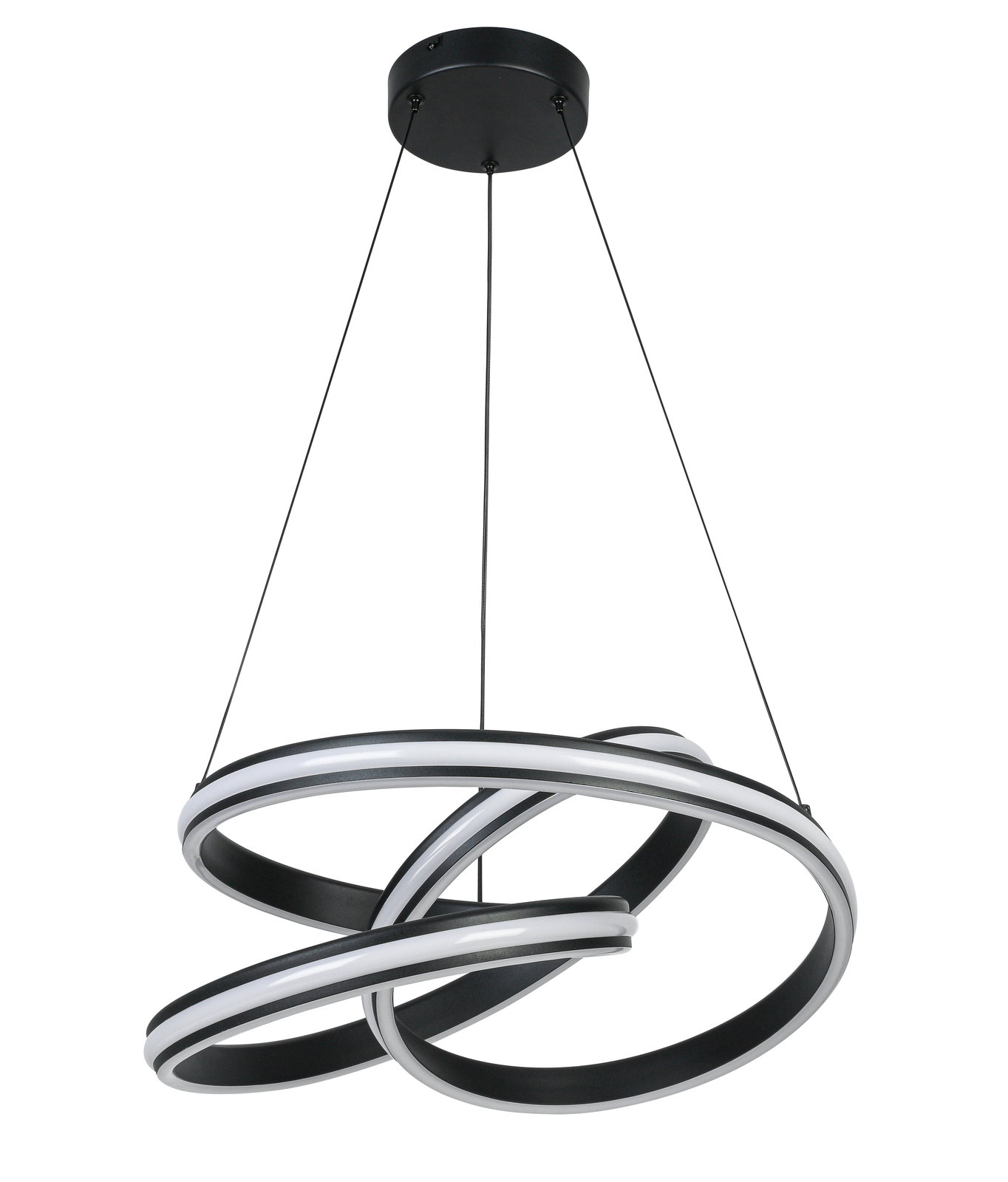 Moderne LED-Hängeleuchte mit verschlungenen Ringen, seitliche Perspektive