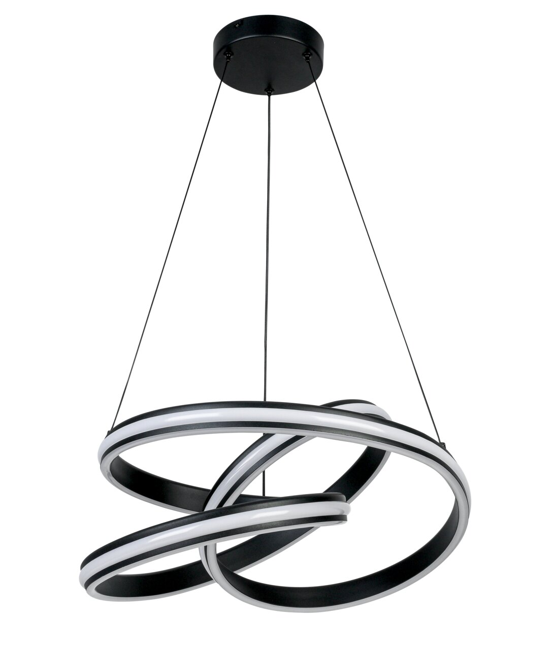 Moderne LED-Hängeleuchte mit verschlungenen Ringen, seitliche Perspektive