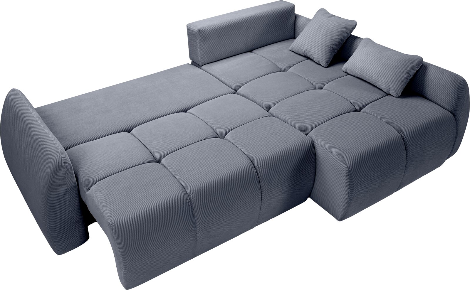 Graues Eckschlafsofa mit zwei Kissen, von oben betrachtet, in ausgeklappter Position.