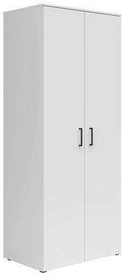 Weißer Mehrzweck-Kleiderschrank mit zwei Türen und schwarzen Griffen, seitliche Perspektive