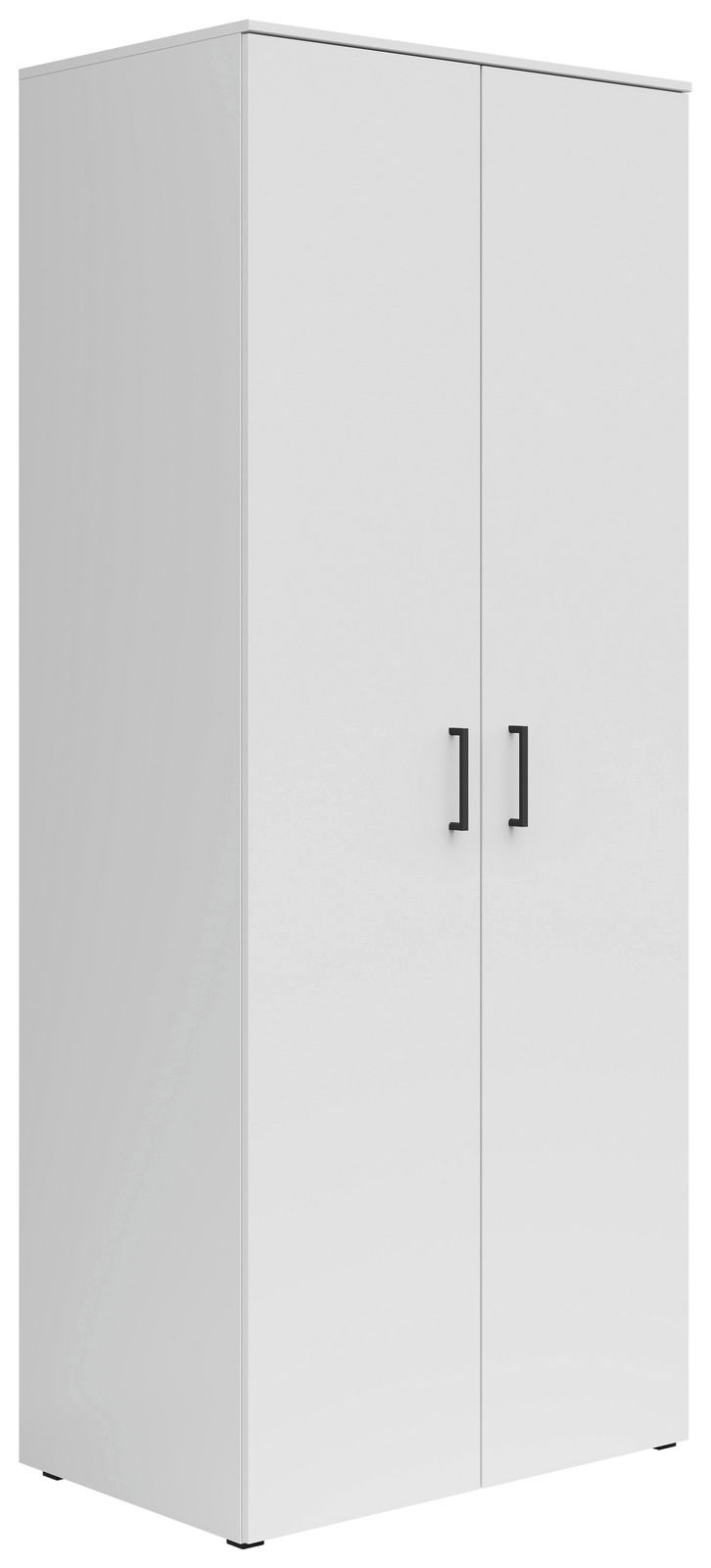 Weißer Mehrzweck-Kleiderschrank mit zwei Türen und schwarzen Griffen, seitliche Perspektive