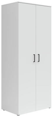 Weißer Mehrzweck-Kleiderschrank mit zwei Türen und schwarzen Griffen, seitliche Perspektive