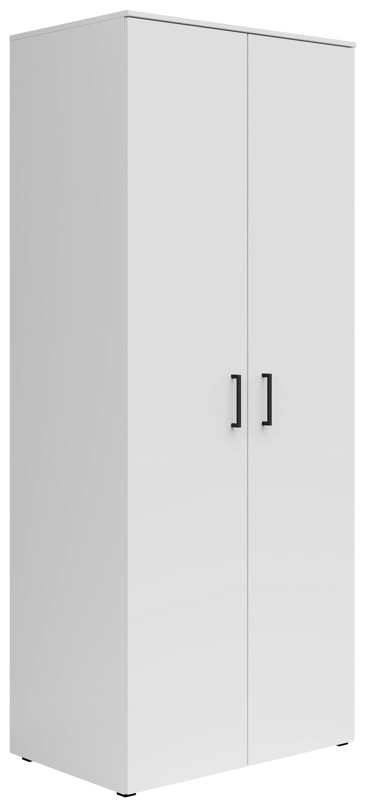 Weißer Mehrzweck-Kleiderschrank mit zwei Türen und schwarzen Griffen, seitliche Perspektive