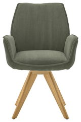 Grüner Armlehnstuhl mit Holzbeinen, Vorderansicht