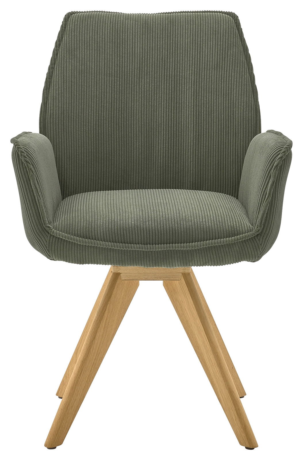 Grüner Armlehnstuhl mit Holzbeinen, Vorderansicht