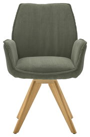 Grüner Armlehnstuhl mit Holzbeinen, Vorderansicht