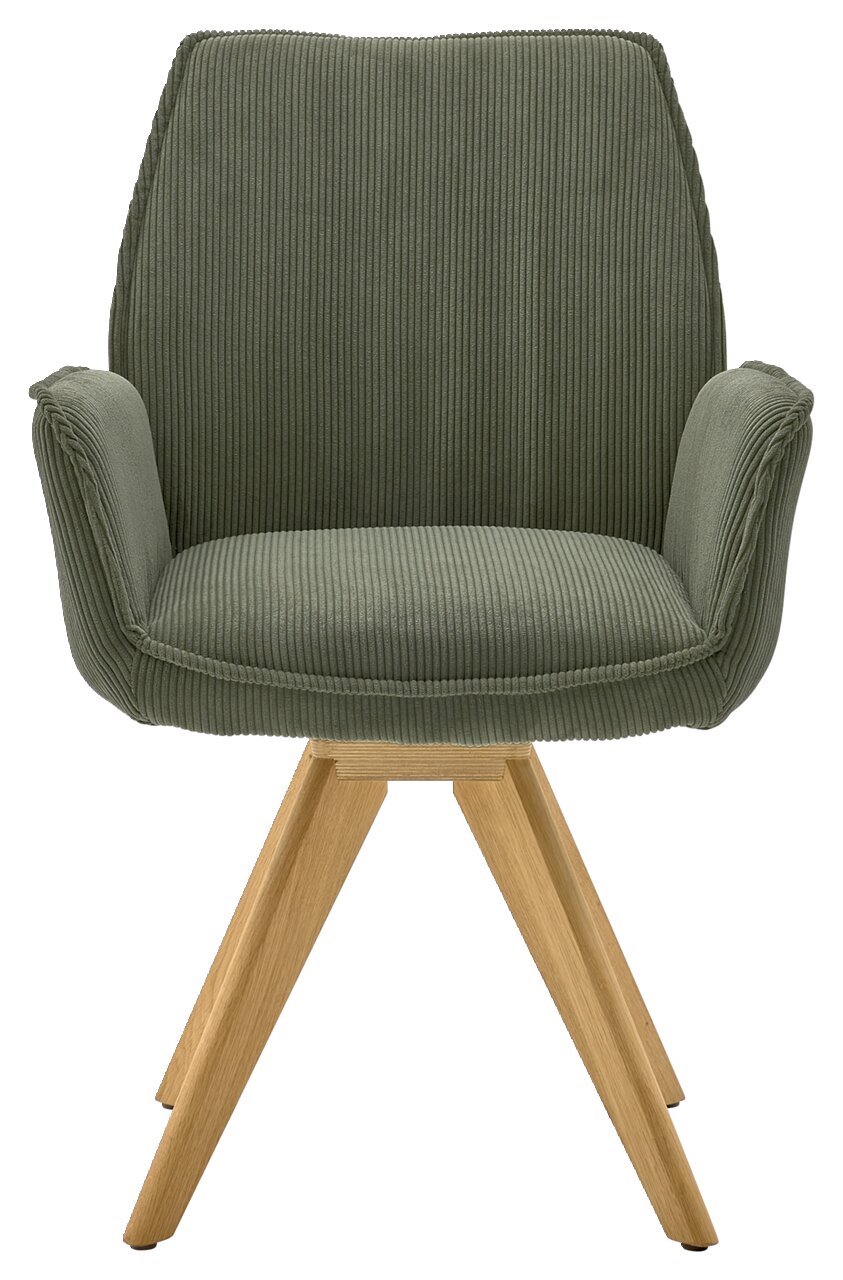 Grüner Armlehnstuhl mit Holzbeinen, Vorderansicht