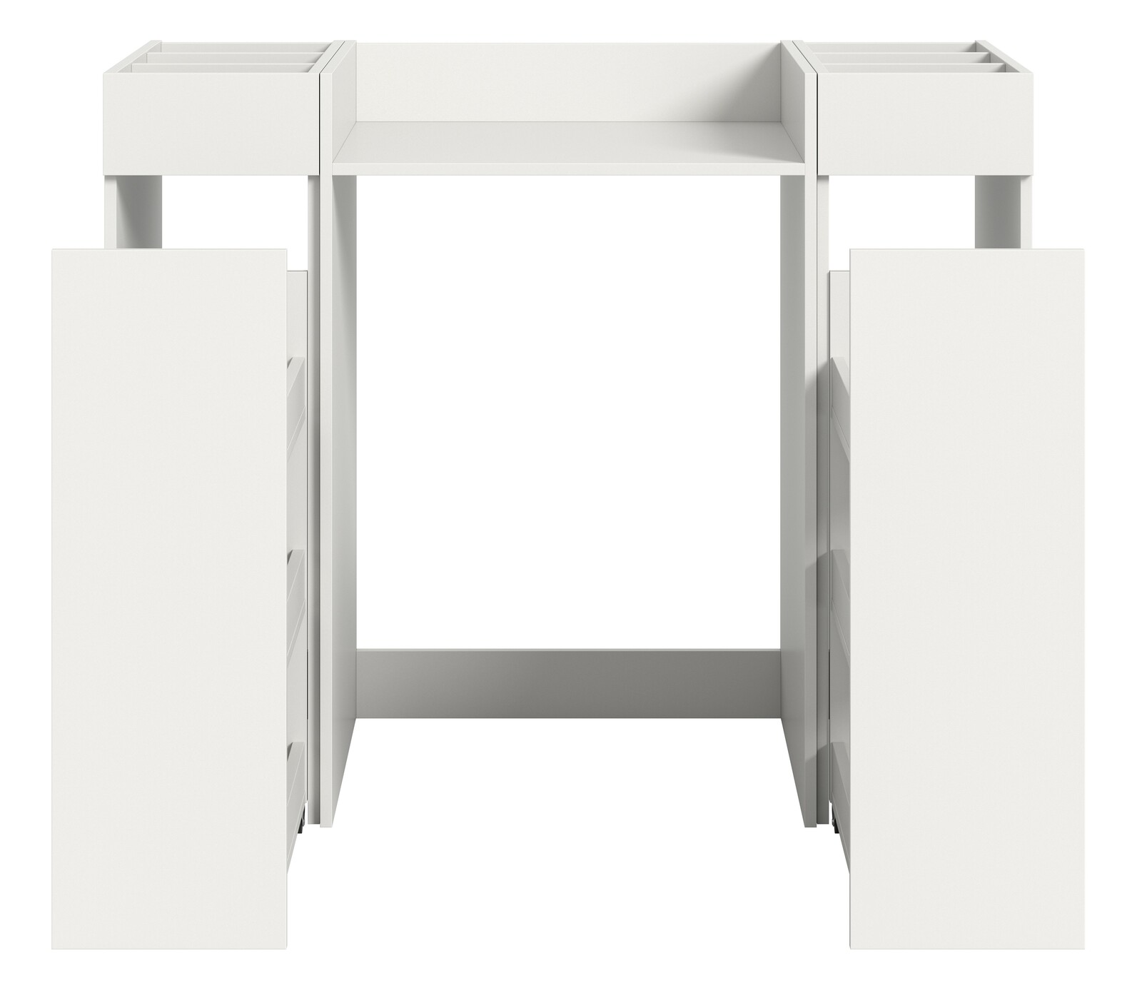 Frontansicht eines weißen Waschmaschinenumbausets mit seitlichen Schubladen.