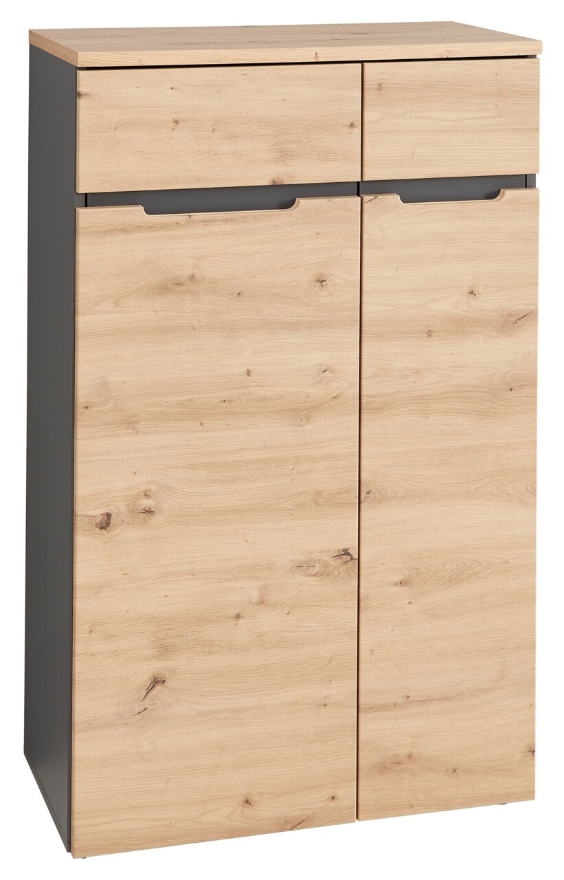 Moderner, niedriger Aktenschrank aus Holz mit zwei Schubladen und zwei Türen, Frontansicht