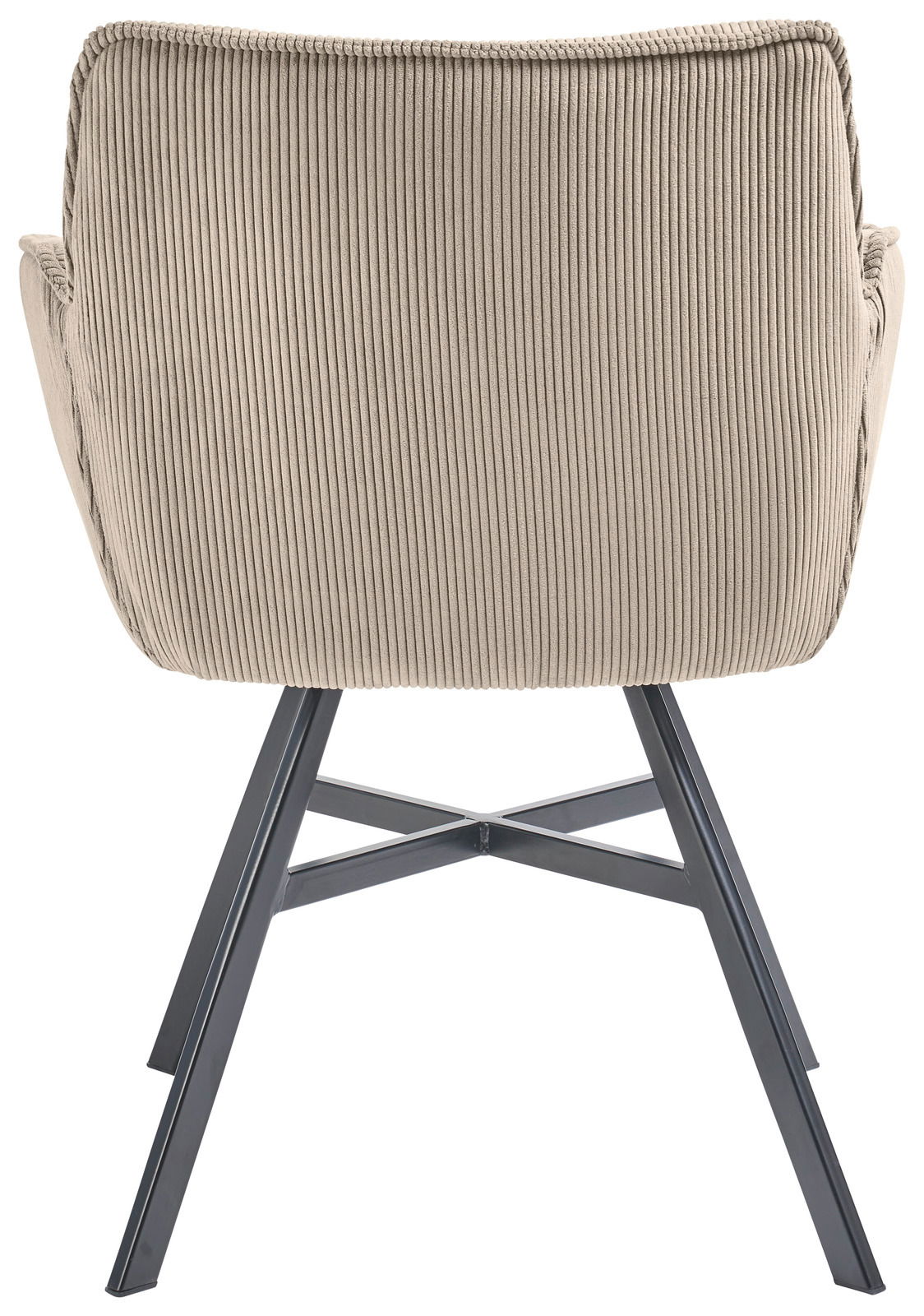 Rückansicht eines Armlehnstuhls mit beigem, geripptem Stoffbezug und schwarzen Metallbeinen.