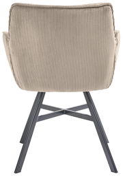 Rückansicht eines Armlehnstuhls mit beigem, geripptem Stoffbezug und schwarzen Metallbeinen.