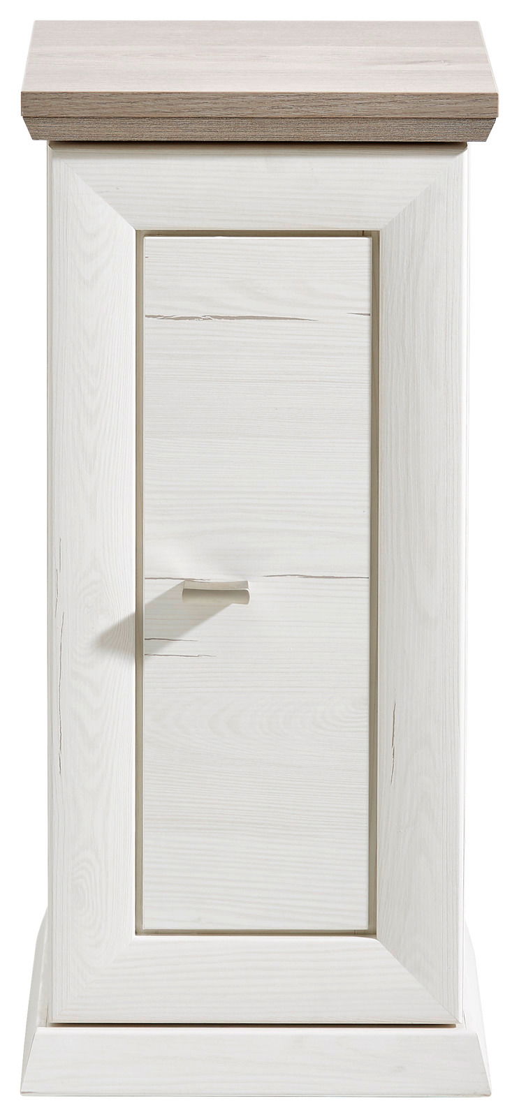 Frontansicht eines weißen Beistelltisches mit einer Tür, Serie Camron/Benton.