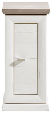 Frontansicht eines weißen Beistelltisches mit einer Tür, Serie Camron/Benton.