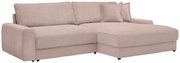 Beiges Cord-Ecksofa mit rechter Ottomane/Longchair, breiten Armlehnen und zwei Rückenkissen sowie zwei Zierkissen, freigestellt in schräger Frontansicht von vorn links