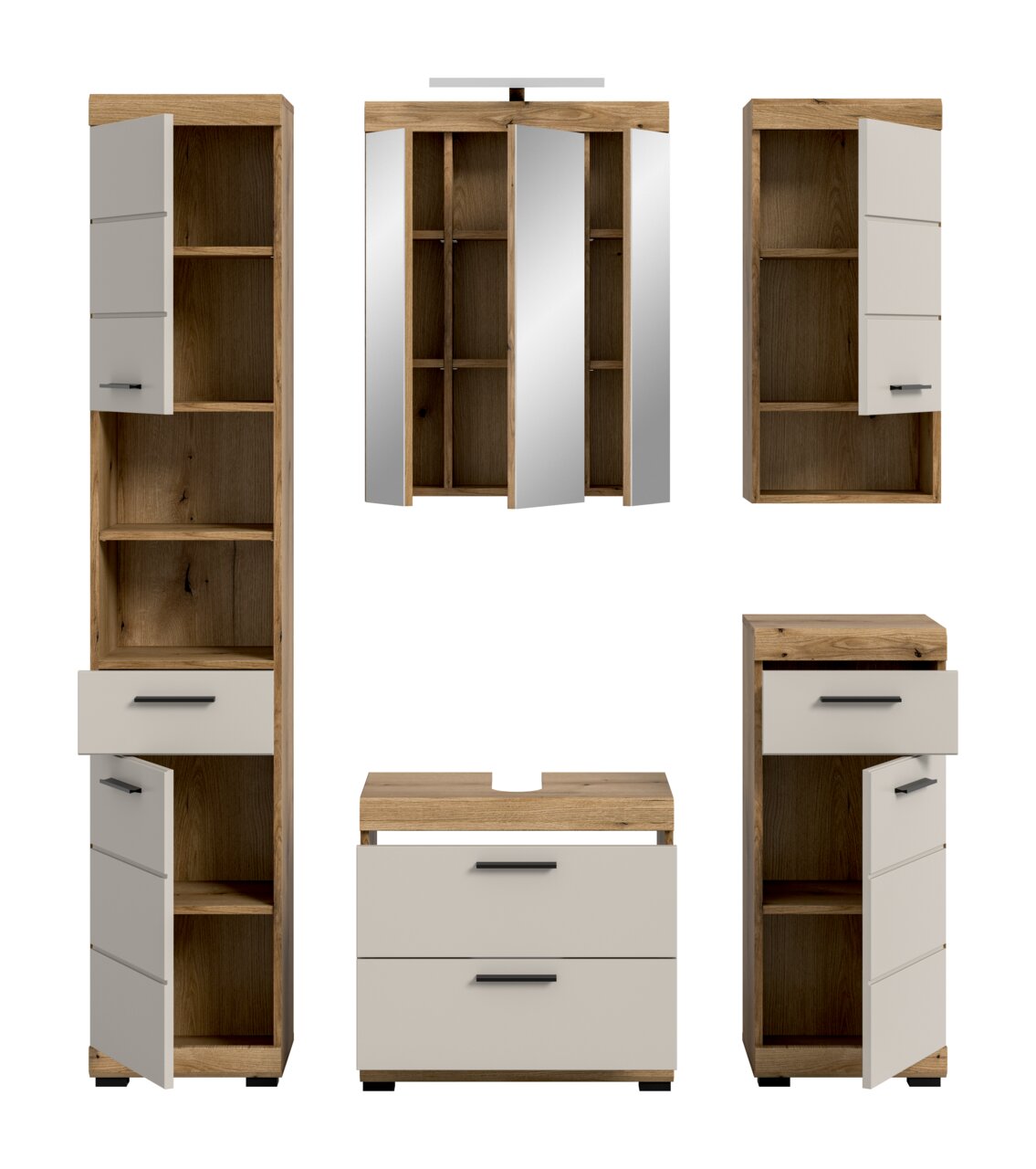 Badezimmermöbel-Set in Holzoptik mit weißen Fronten und schwarzen Griffen, bestehend aus Hochschrank, Spiegelschrank und Waschtischunterschrank, jeweils mit geöffneten Türen/Schubladen zur Innenansicht, freigestellt auf weißem Hintergrund, Perspektive: Fr