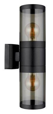 Moderne Außenleuchte in zylindrischer Form mit schwarzem Gehäuse und transparentem Glas, seitliche Ansicht.