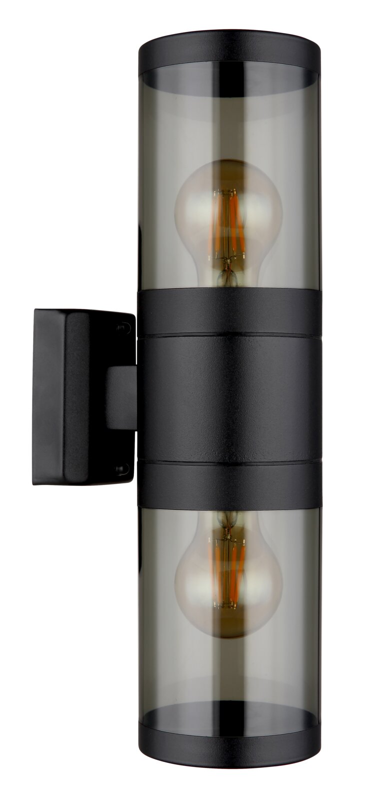 Moderne Außenleuchte in zylindrischer Form mit schwarzem Gehäuse und transparentem Glas, seitliche Ansicht.