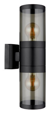 Moderne Außenleuchte in zylindrischer Form mit schwarzem Gehäuse und transparentem Glas, seitliche Ansicht.