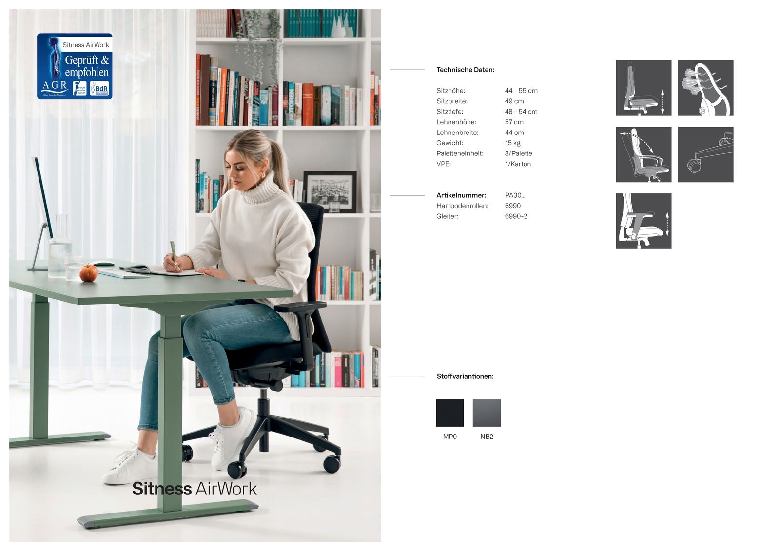 Frau sitzt an einem Schreibtisch auf einem Bürostuhl, Seitenansicht