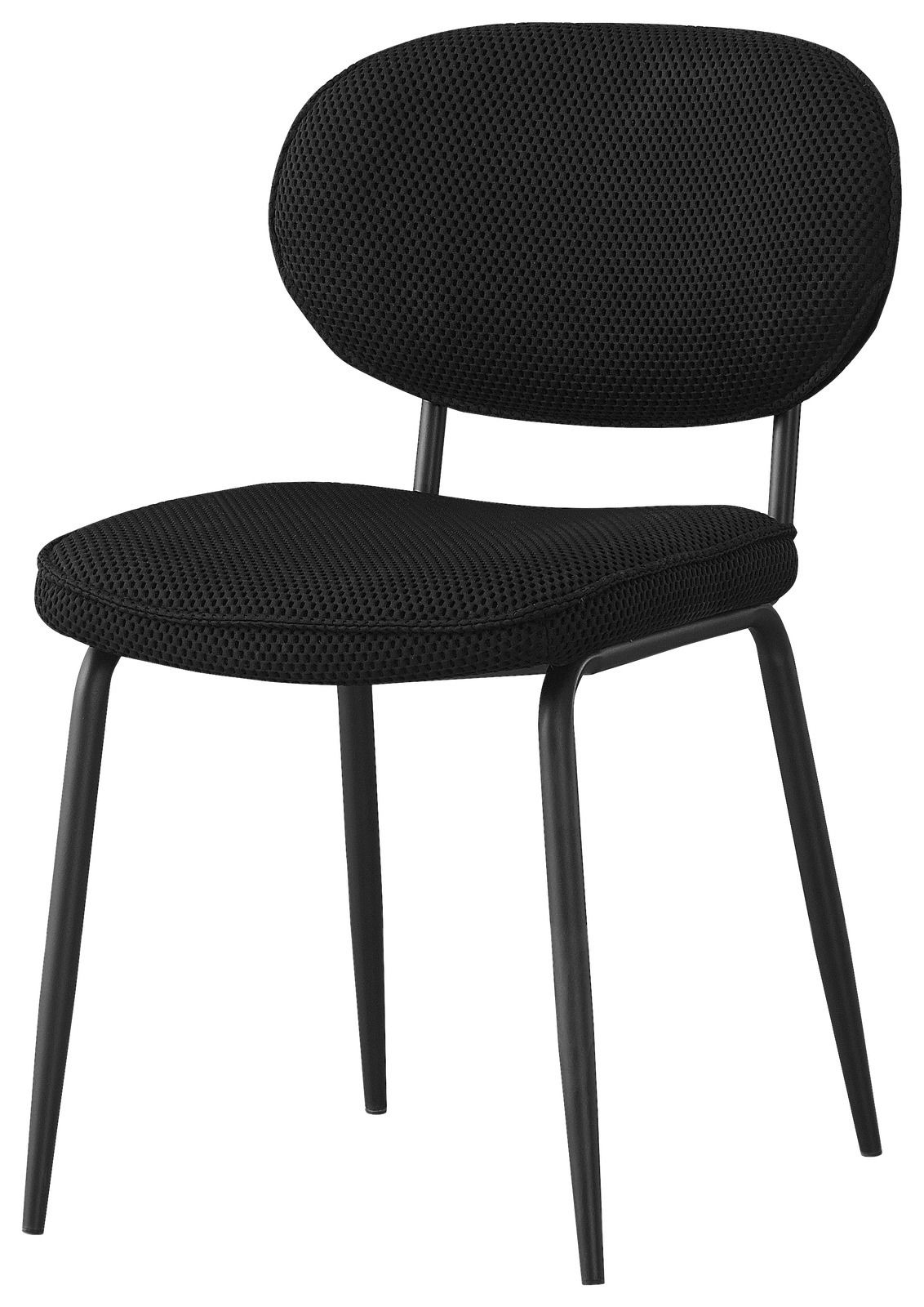 Schwarzer Stuhl mit gepolsterter Sitzfläche und Rückenlehne, seitliche Perspektive