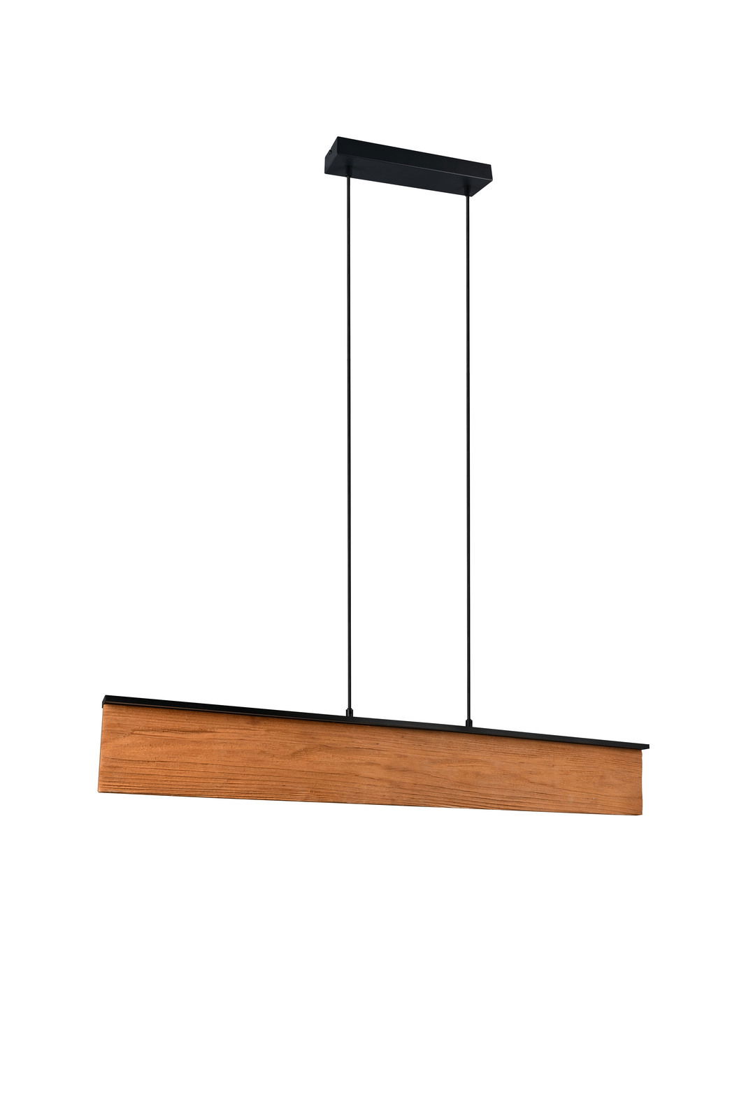 Moderne Pendelleuchte mit rechteckigem Holzdesign, seitliche Perspektive