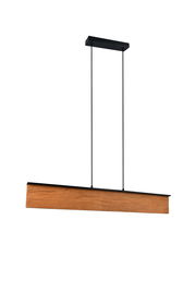 Moderne Pendelleuchte mit rechteckigem Holzdesign, seitliche Perspektive