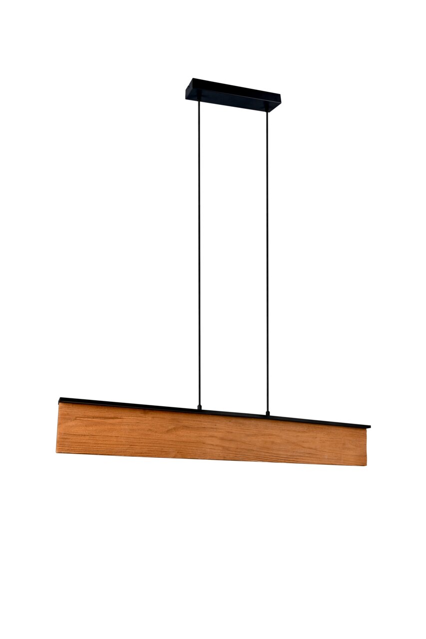 Moderne hanglamp met rechthoekig houten ontwerp, zijaanzicht